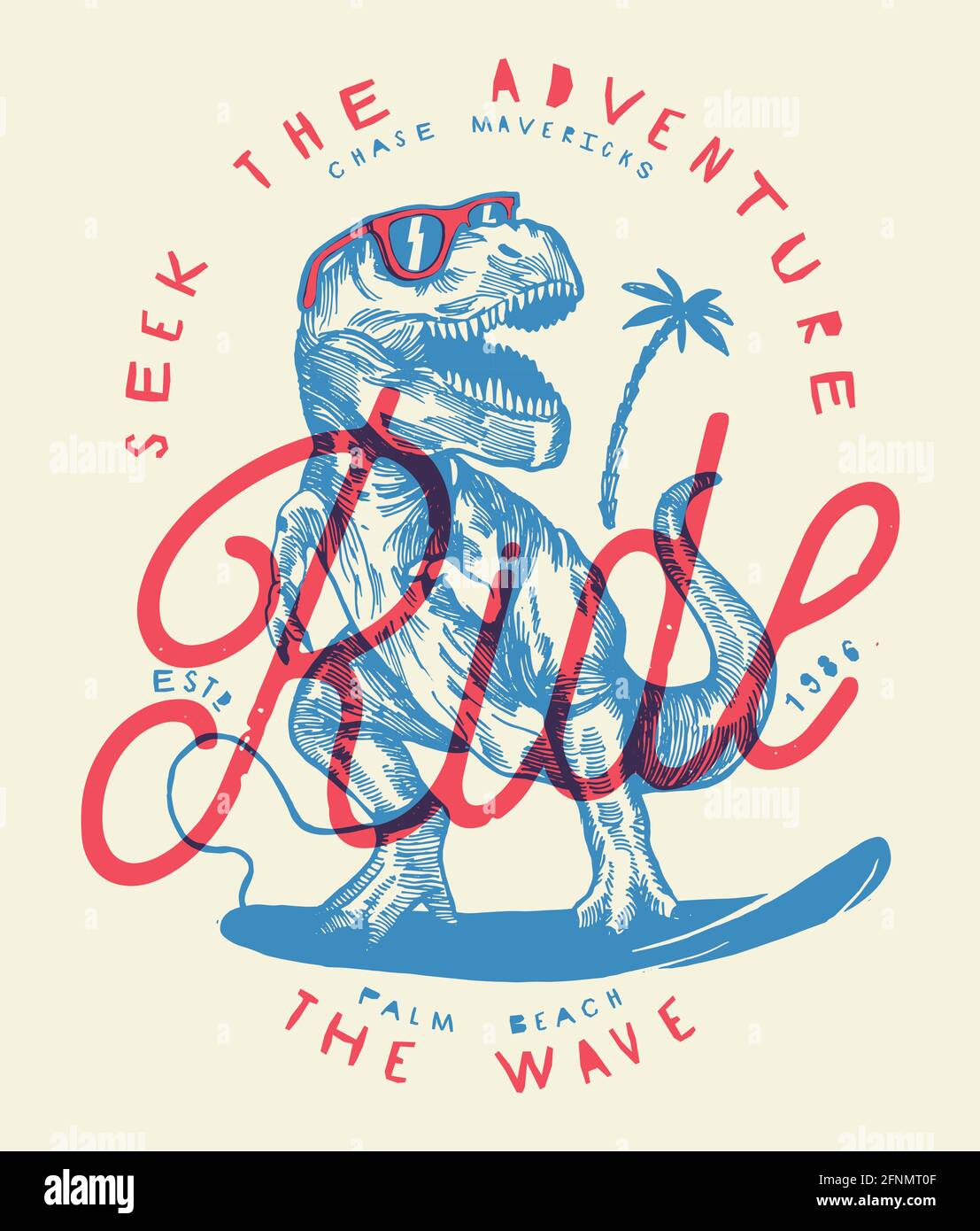 Ride the Wave - Dinosaurier Surfer Zeichnung Vintage-Druck. Stock Vektor