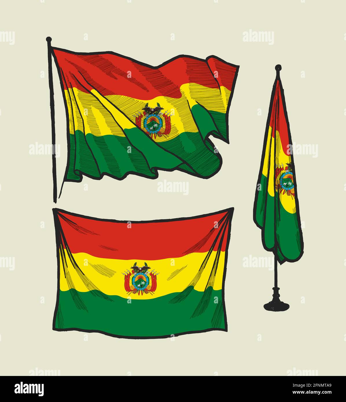 Flagge Boliviens im Wind und an der Wand - Vektorgrafik Set Stock Vektor