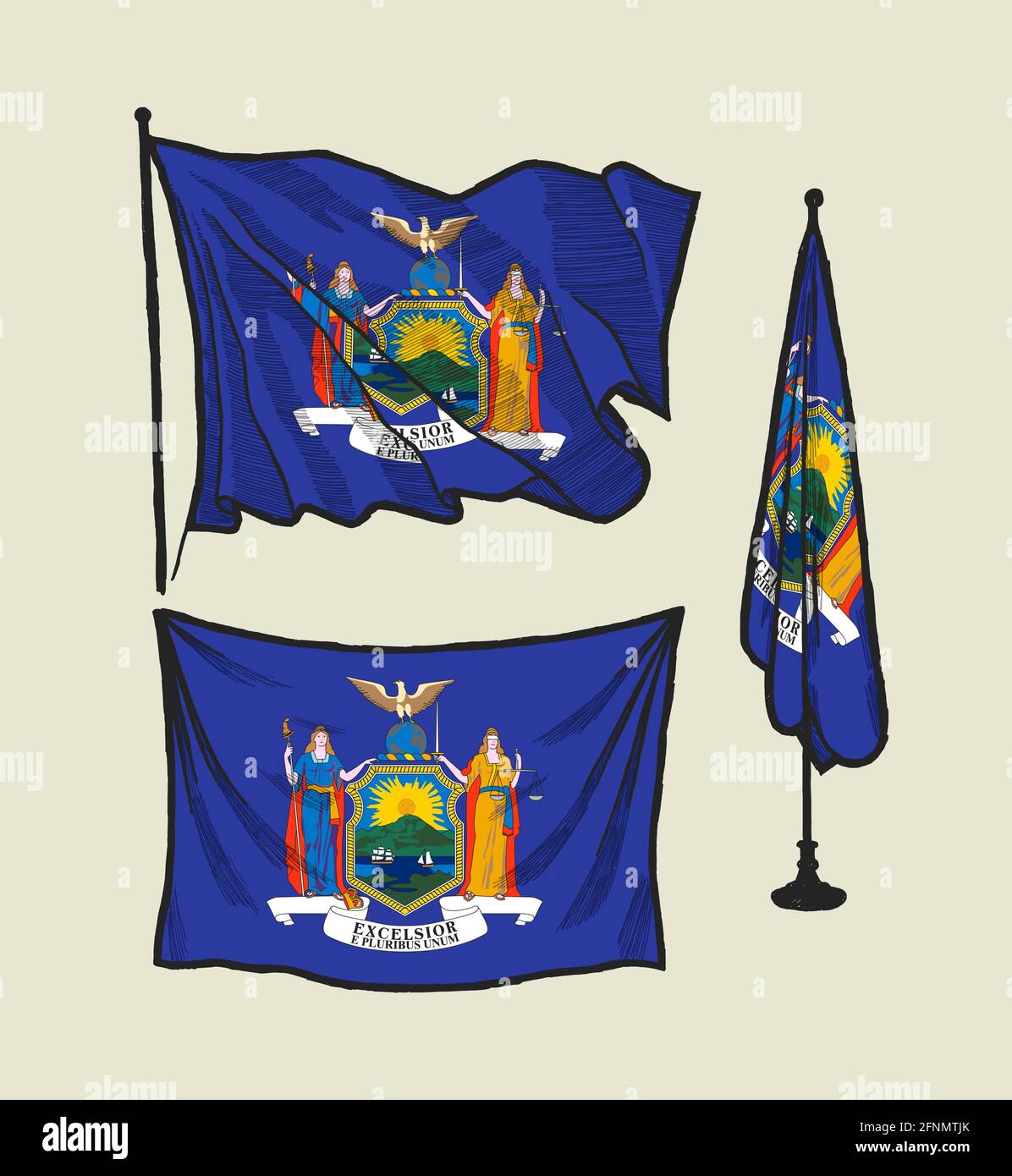 Die Flagge von New York auf dem Wind und an der Wand Vintage Vektor Illustration Set Stock Vektor