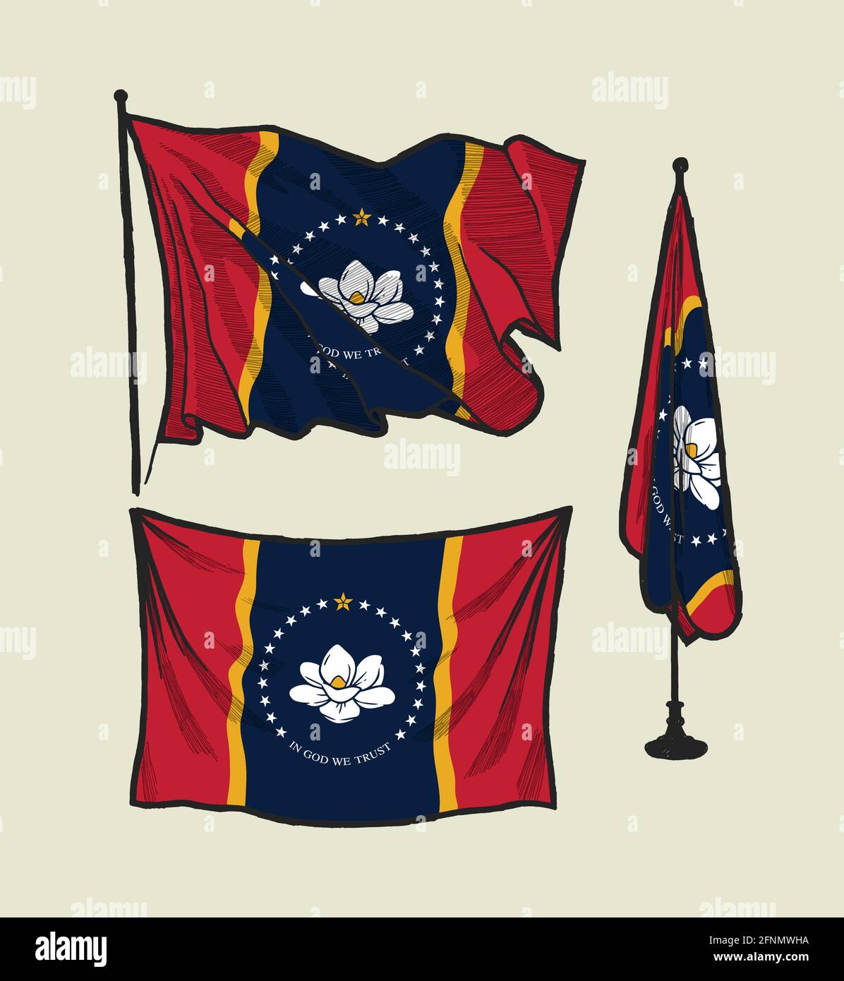 Mississippi Flagge gesetzt - Flagge auf dem Wind, Flagge auf der Wand und Flagge im Büro Stock Vektor