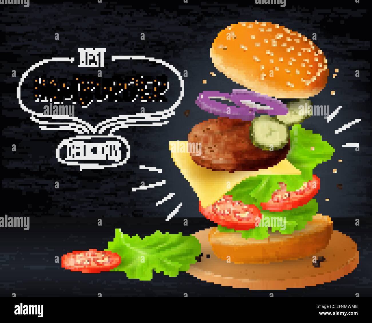 Große Hamburger-Werbung auf Holztafel Hintergrund, realistische Vektor-Illustration Stock Vektor