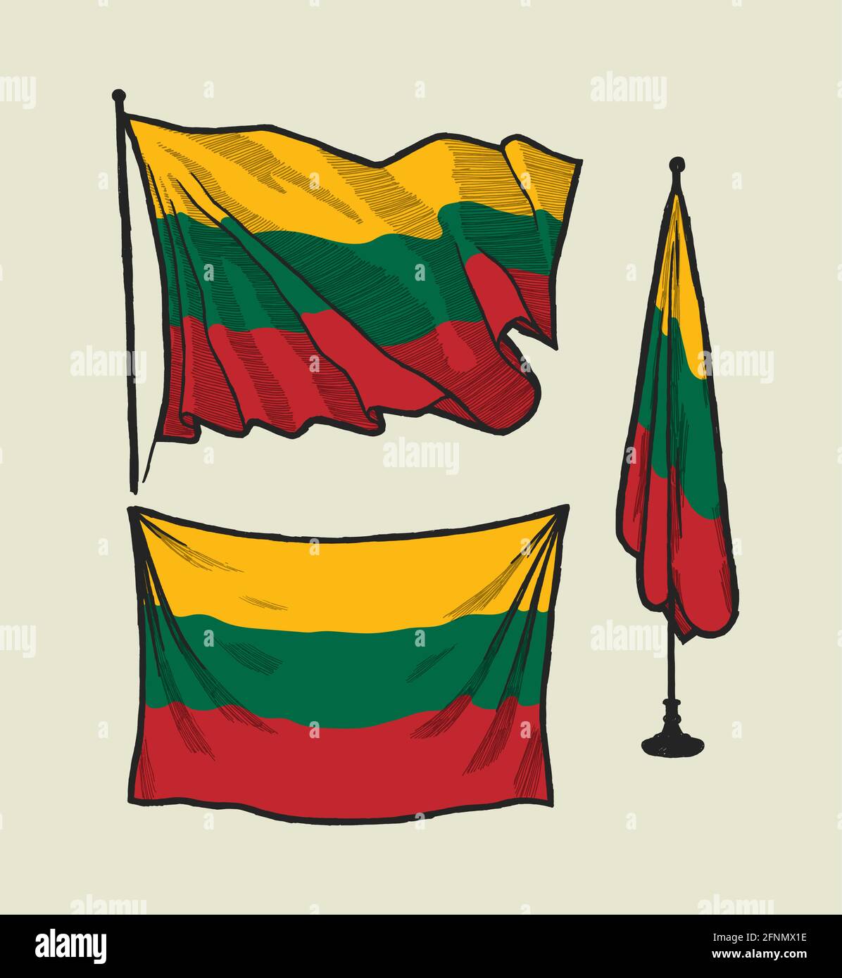 Flagge Litauens auf dem Wind und an der Wand Zeichnungssatz Stock Vektor