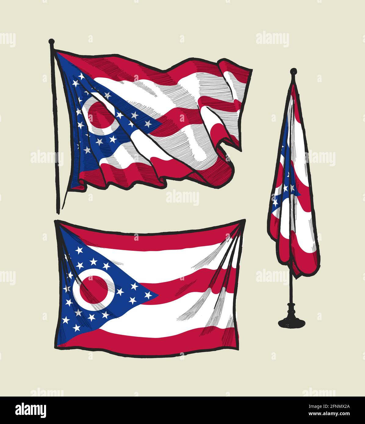 Flagge von Ohio auf dem Wind und an der Wand handgezeichnete Illustration Set. Stock Vektor