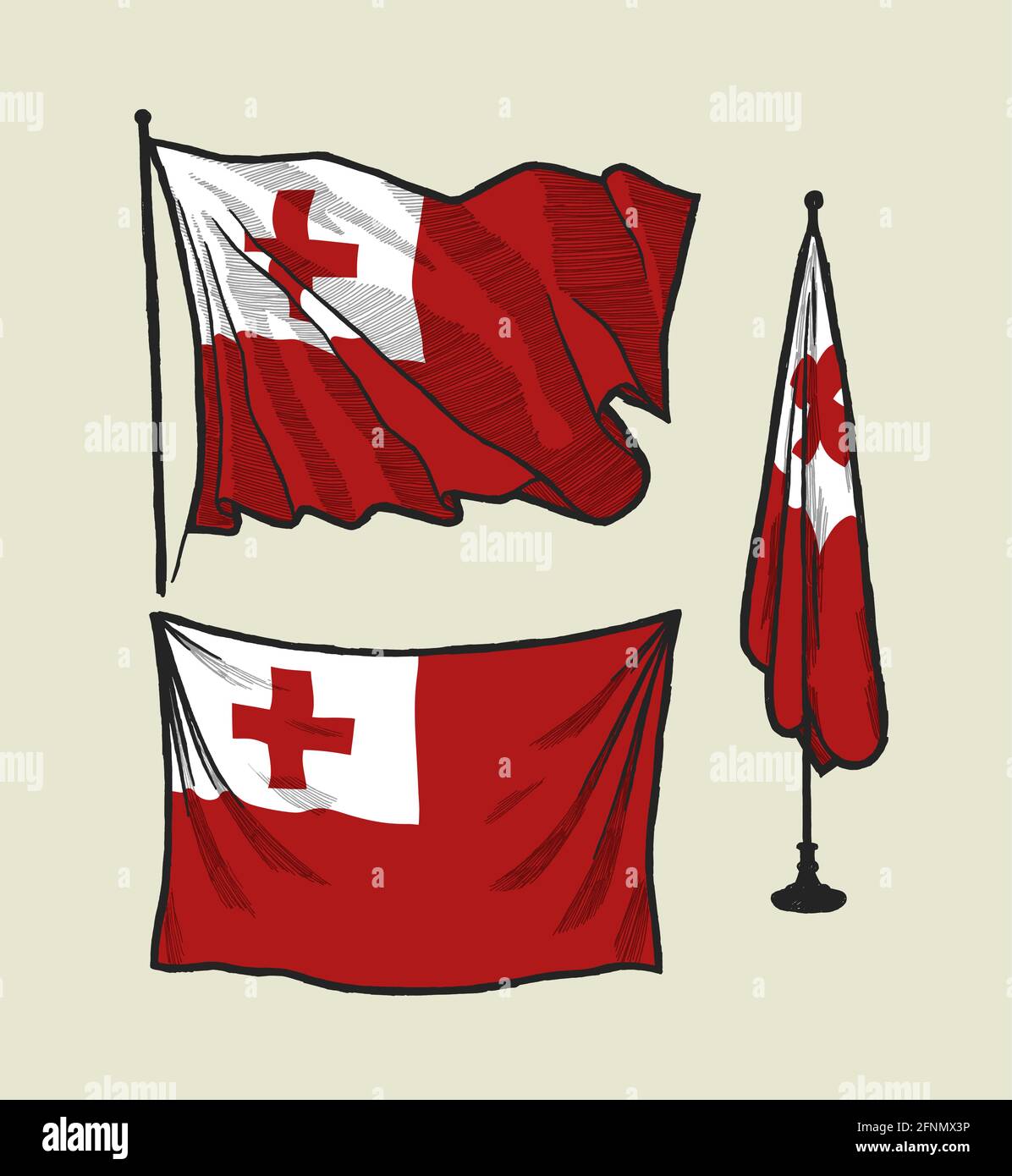 Flagge von tonga auf dem Wind und an der Wand Illustrationssatz Stock Vektor