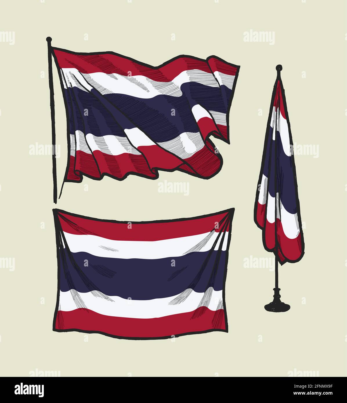 Flagge Thailands im Wind und an der Wand Illustrationssatz Stock Vektor