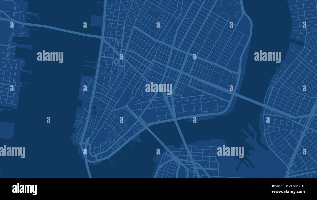 Blue New York City Area Vektor Hintergrundkarte, Straßen und Wasser Kartographie Illustration. Breitbild-Proportion, digitale Flat-Design-Streetmap. Stock Vektor