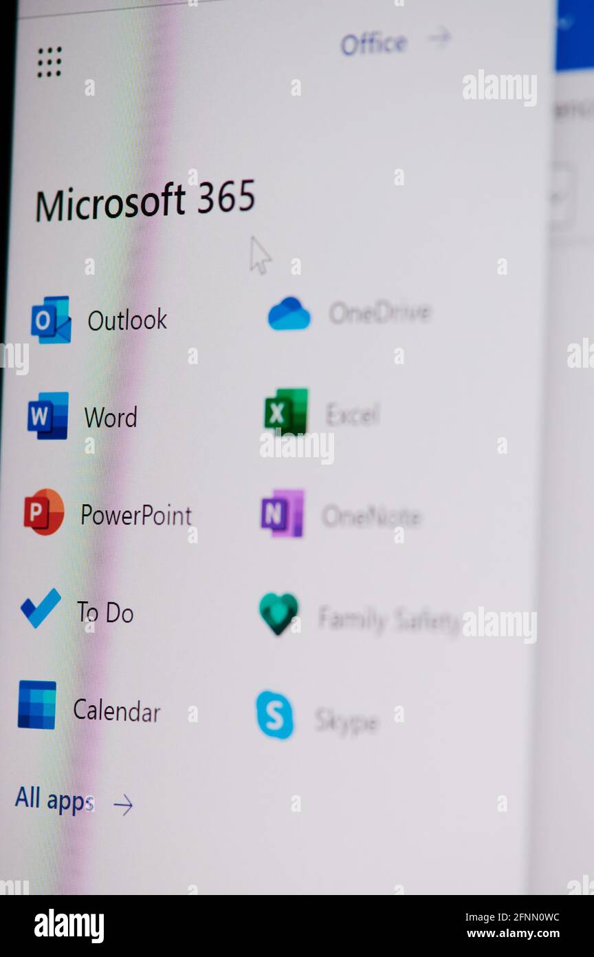 New york, USA - 17. Mai 2021: Microsoft Office 365-Suite-Apps auf dem Bildschirm Makro-Nahaufnahme Stockfoto