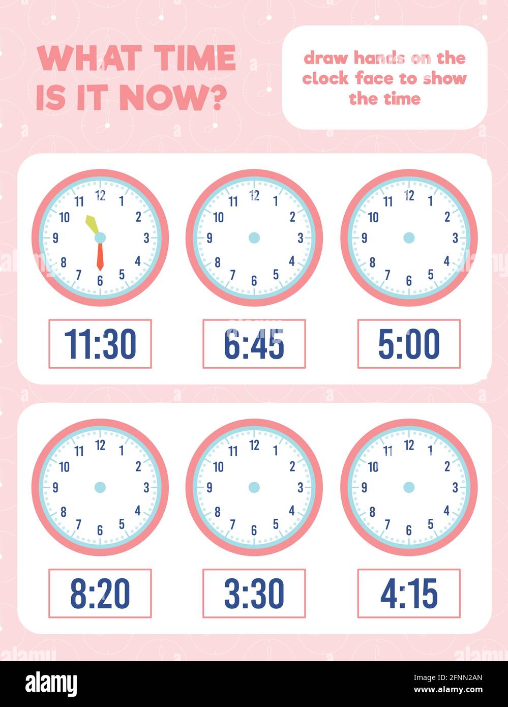 Wie viel Uhr ist es? Ziehen Sie die Hände auf das Zifferblatt. Zeitarbeitsblatt Übung Seite drucken. Stock Vektor