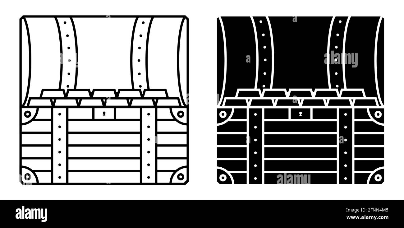 Quadratisches Symbol öffnet die Schatzkiste im Inneren. Goldbarren in einer Piratenkiste. Schwarz-Weiß-Vektorgrafik Stock Vektor
