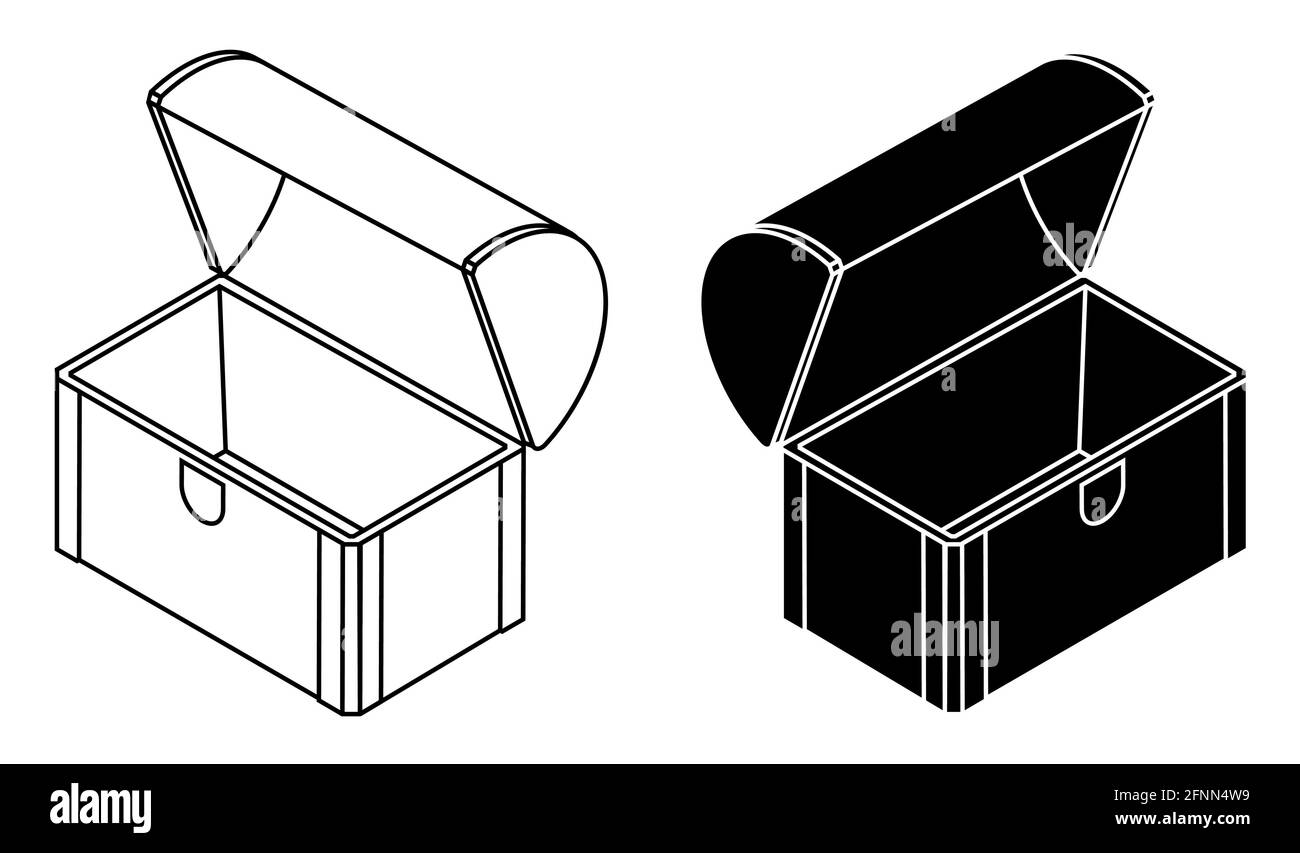 Leere Holzkiste mit Symbol für offenen Deckel. Keine Piratenschätze gefunden. Vektor Stock Vektor