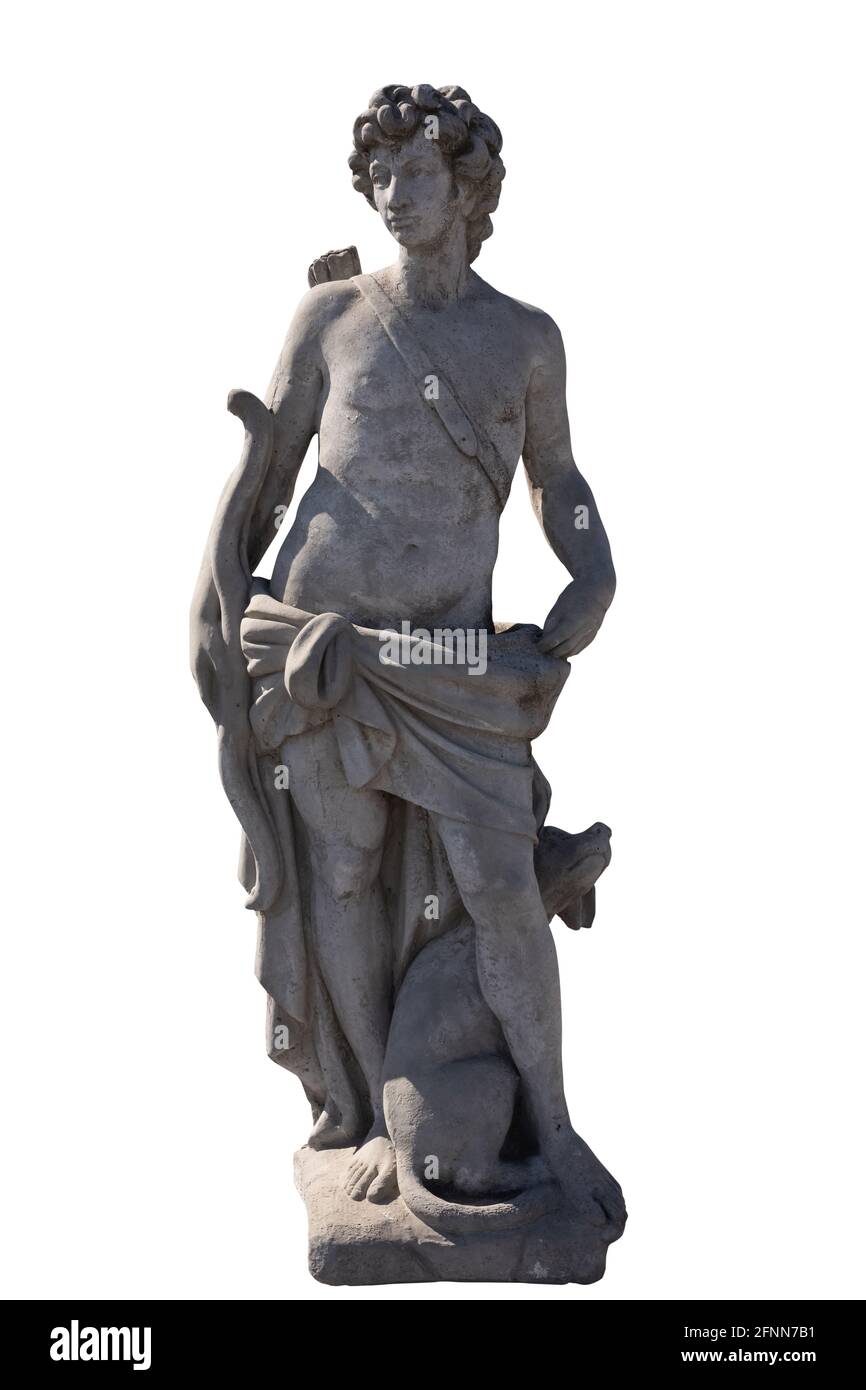 Steinskulptur des männlichen Jägers mit Hund auf weißem Hintergrund Stockfoto