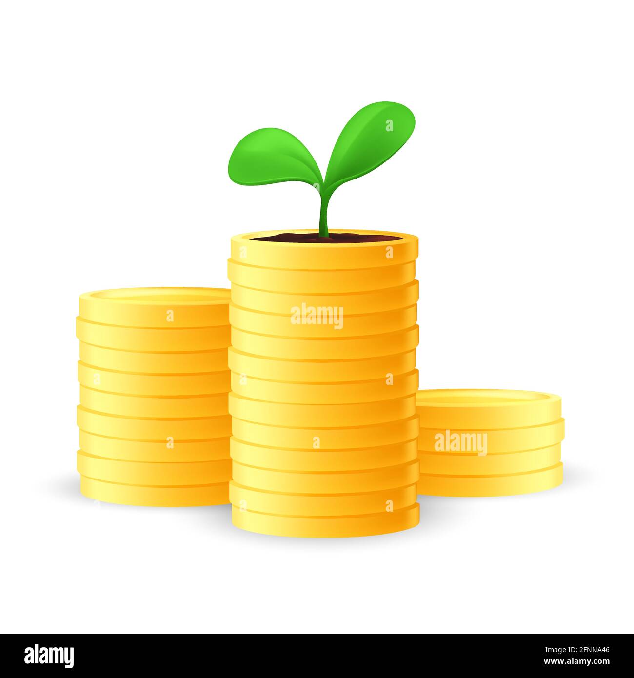 Stapel von goldenen Münzen mit einem Sämling oder wachsenden jungen grünen Pflanze auf der Oberseite. Business-Investitionen und Sparkonzept. Vektordarstellung von Teilfinanzierung Stock Vektor