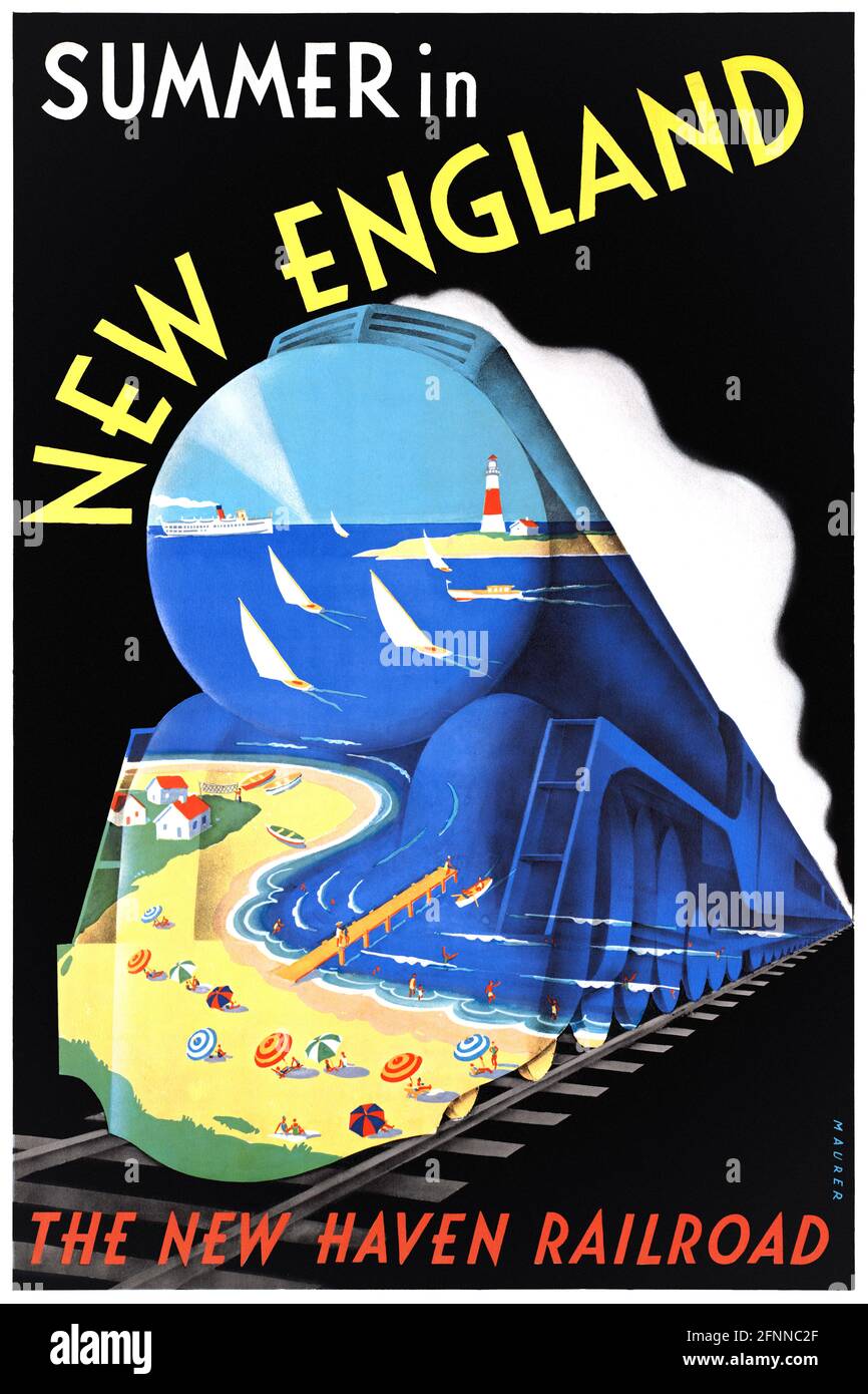 Sommer in Neuengland. New Haven Railroad von Sascha Maurer (1897-1961). Restauriertes Vintage-Poster, das 1938 in den USA veröffentlicht wurde. Stockfoto