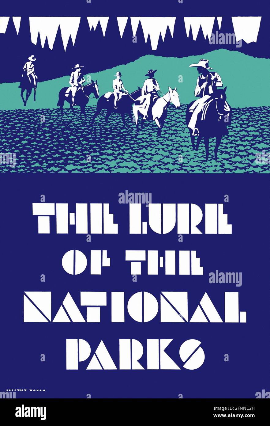 The Lure of the National Parks von Dorothy Waugh (1896–1996). Restauriertes Vintage-Poster, das 1934 in den USA veröffentlicht wurde. Stockfoto