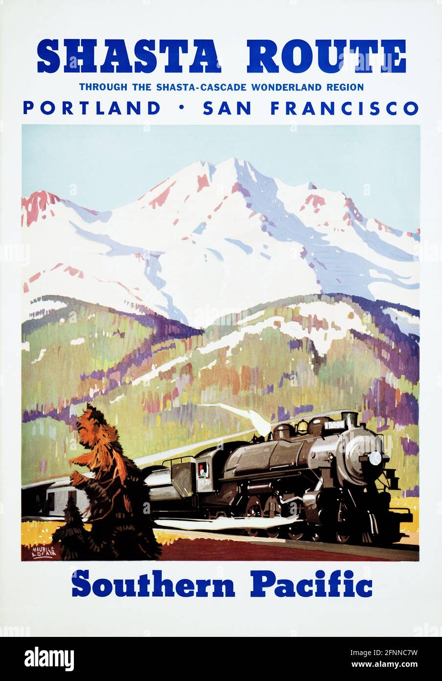 Shasta Route Southern Pacific von Maurice George Logan (1886-1977). Restauriertes Vintage-Poster, das 1927 in den USA veröffentlicht wurde. Stockfoto