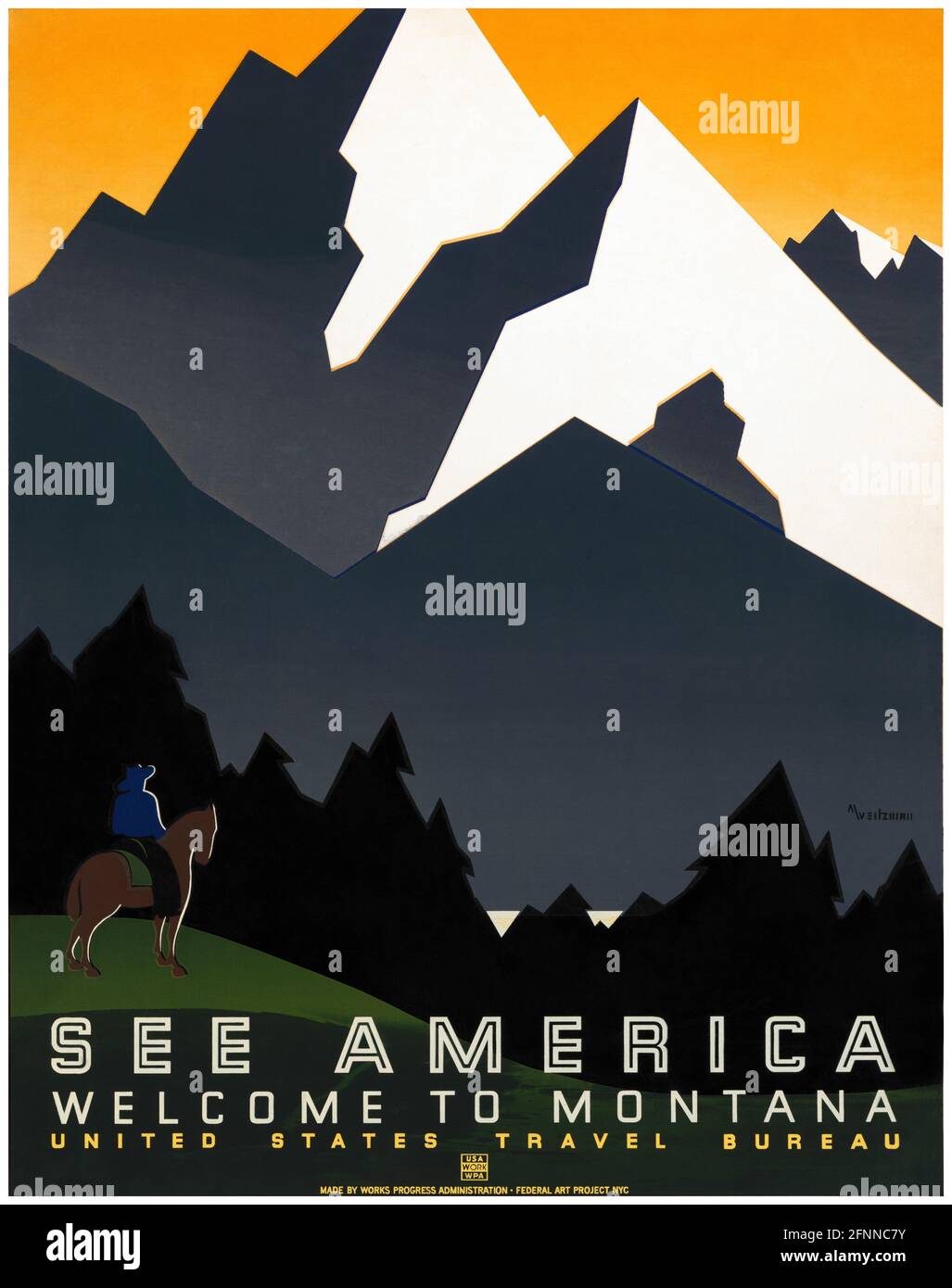 Siehe Amerika. Willkommen in Montana. WPA-Poster von Richard Halls (1906-1976). Restauriertes Vintage-Poster, das um 1937 in den USA veröffentlicht wurde. Stockfoto