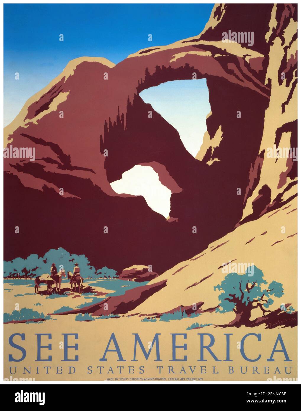 Siehe Amerika. WPA-Poster von Frank S. Nicholson (Daten unbekannt). Restauriertes Vintage Poster veröffentlicht ca. 1936 in den USA. Stockfoto
