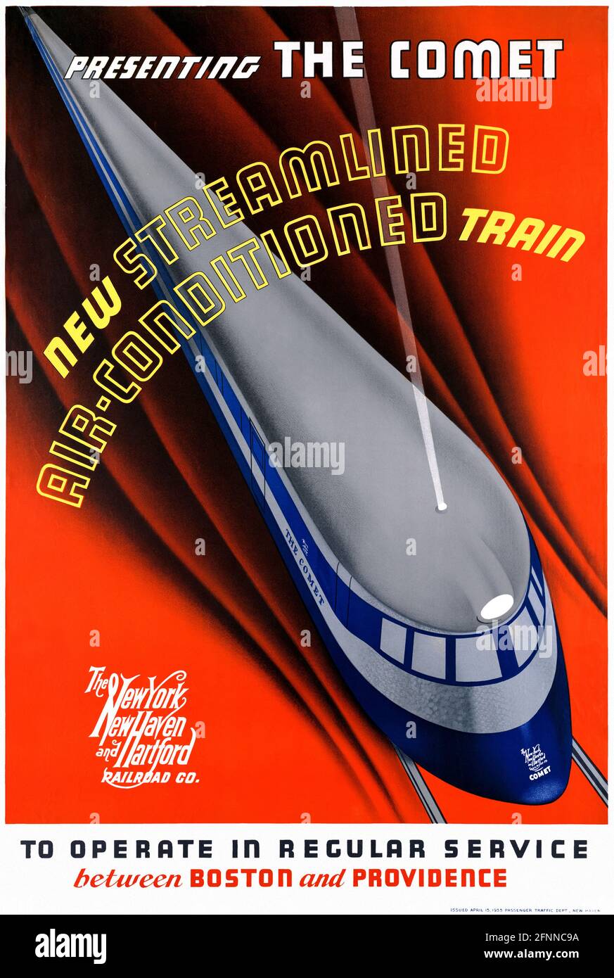 Präsentation des Kometen. Neuer, stromlinker, klimatisierter Zug. Künstler unbekannt. Restauriertes Vintage-Poster, das 1935 in den USA veröffentlicht wurde. Stockfoto