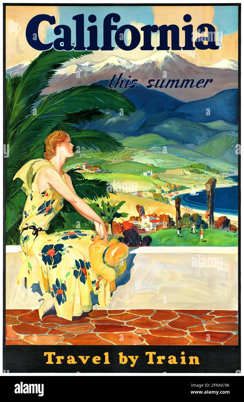 Diesen Sommer in Kalifornien. Reisen Sie mit dem Zug. Künstler unbekannt. Restauriertes Vintage-Plakat erschien am 1933 in den USA. Stockfoto