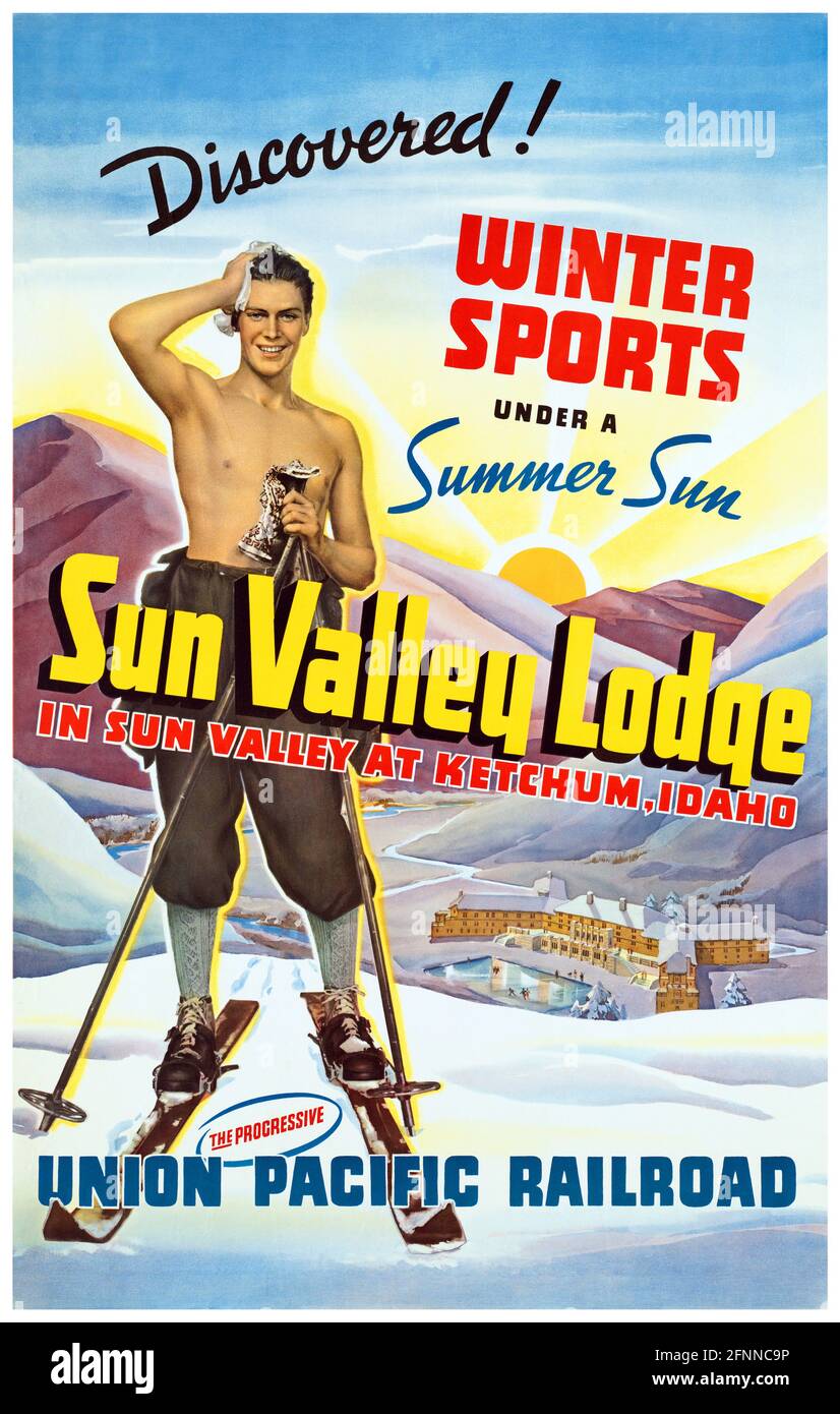 Sun Valley Lodge. Union Pacific Railroad. Künstler unbekannt. Restauriertes Vintage-Plakat erschien am 1940 in den USA. Stockfoto