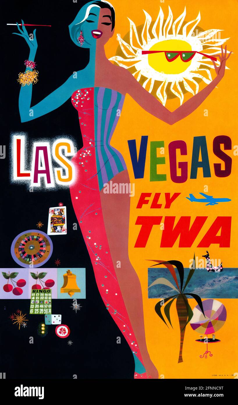 Las Vegas. Fly TWA von David Klein (1918-2005). Restauriertes Vintage-Poster, das 1962 in den USA veröffentlicht wurde. Stockfoto