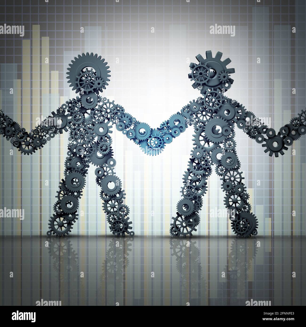 Geschäftspartnerschaft Handshake und globales Teamwork-Netzwerk- oder Financial Alliance-Konzept mit einem Börsengraph als 3D-Illustration. Stockfoto