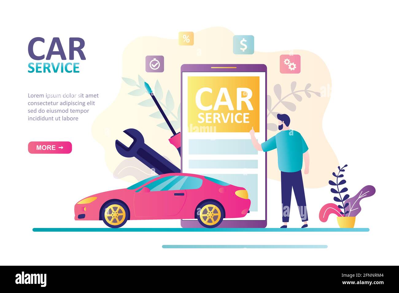 Mann steht in der Nähe von riesigen Smartphone und bestellen Auto-Service online. Landing Page zum Thema Auto Service. Konzept der Auto-Reparatur und Auto-Diagnose. Websi Stock Vektor