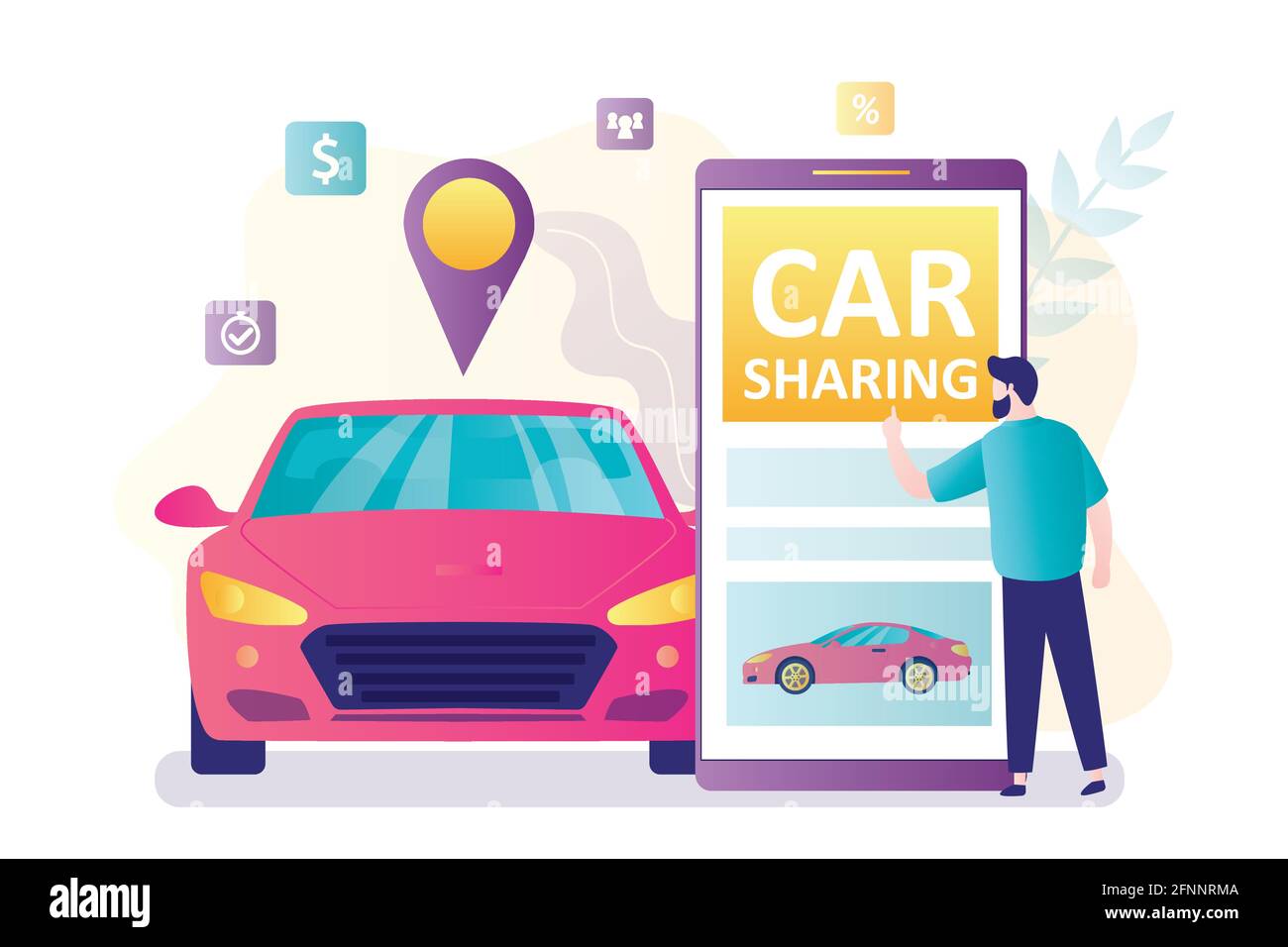 Smartphone mit Carsharing-Anwendung. Gutaussehender Mann Client verwenden Handy. Fahrzeug mit Ortsschild. Online-Verleih oder -Sharing-Service. Internet t Stock Vektor