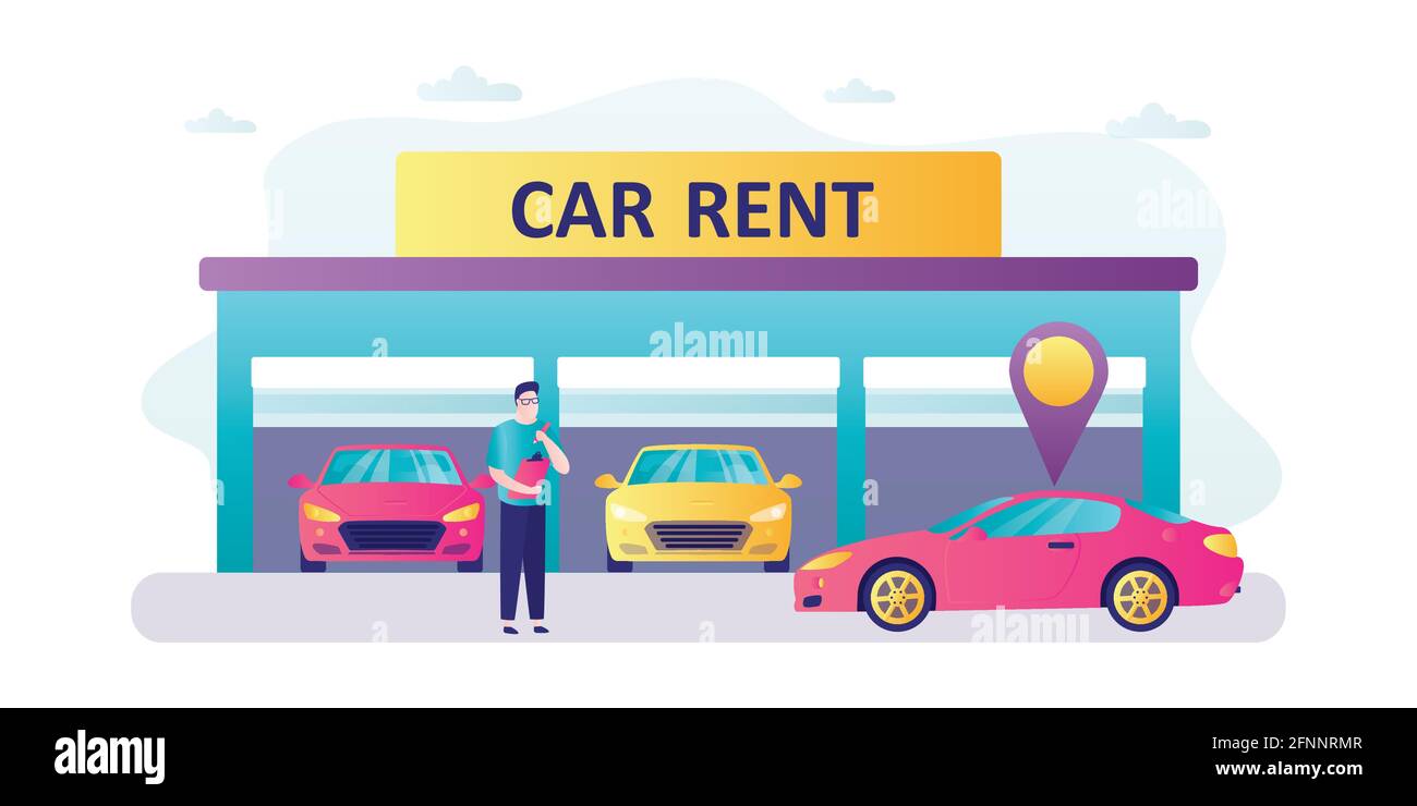 Autovermietung. Garagengebäude mit modernen Autos. Schöner Verkäufer oder Händler bei der Arbeit. Carsharing oder Autovermietung. Horizontales Banner. Männlicher Charakter und Stock Vektor