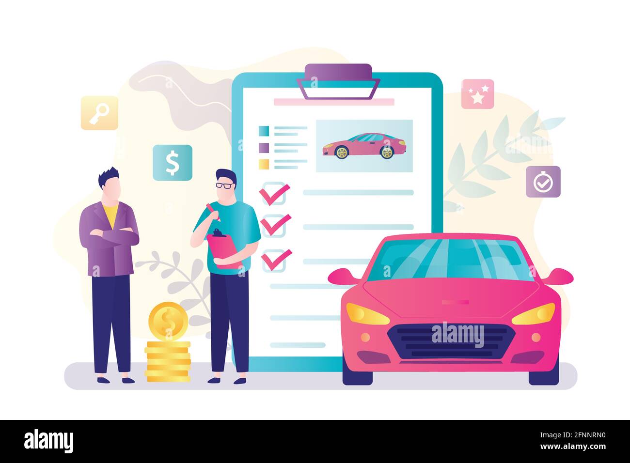 Mann Reisende mieten Auto, Verkäufer und Autovermietung oder Sharing-Vereinbarung. Transportunternehmen, Autohändler oder Carsharing. Modernes Fahrzeug, Kunde und Agent i Stock Vektor