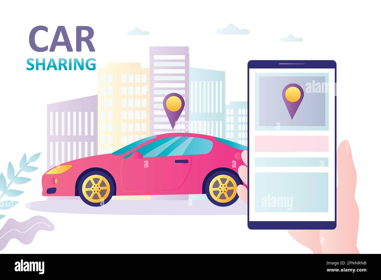 Smartphone mit Carsharing-Anwendung, modernes Fahrzeug. Navigationssystem. Online-Verleih oder -Sharing-Service. Internet-Technologie, Transportwesen. Stock Vektor