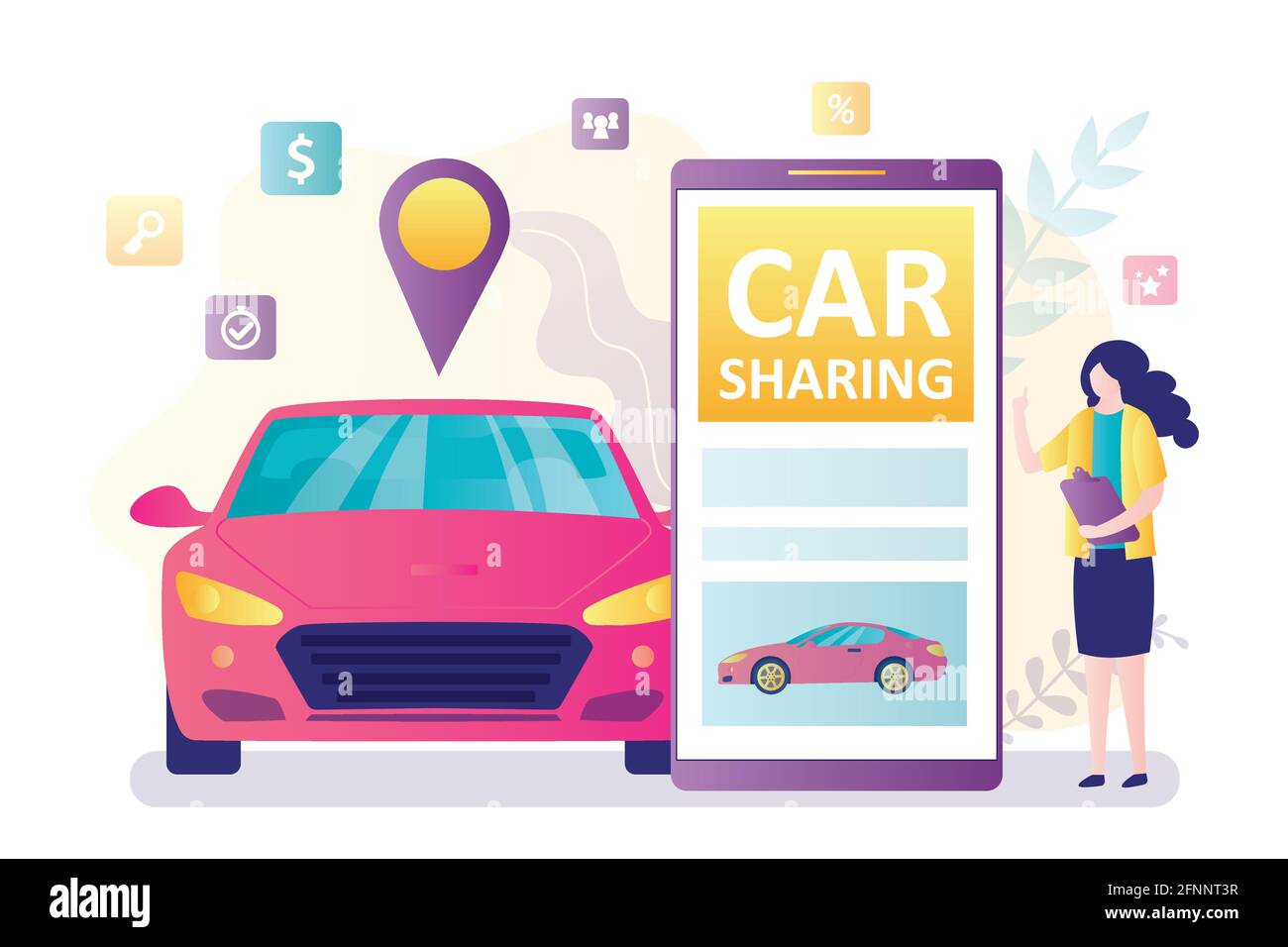 Smartphone mit Carsharing-Anwendung. Frau Agent oder Angestellte und modernes Fahrzeug. Online-Verleih oder -Sharing-Service. Internet-Technologie, Transportbusi Stock Vektor