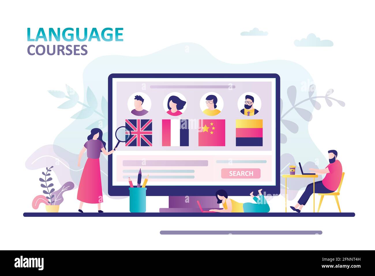 Menschen lernen Fremdsprachen online auf dem Laptop. Weiblicher Charakter, der Profile von Lehrern studiert. Konzept der Online-Bildung und Sprachkurse. Ba Stock Vektor