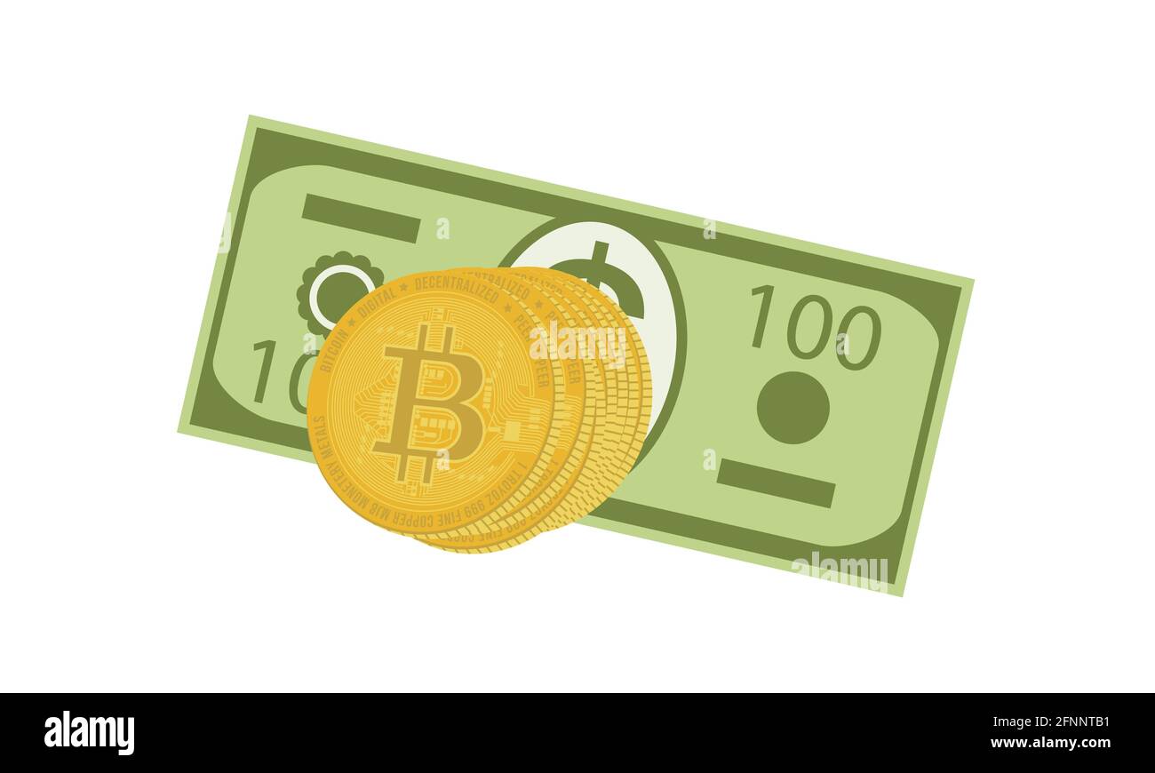Ein 100-Dollar-Schein und ein Stapel virtueller Bitcoin-Münzen auf weißem Hintergrund. Investitionskonzept. Bild von Bargeld. Geldkonzept. Stock Vektor