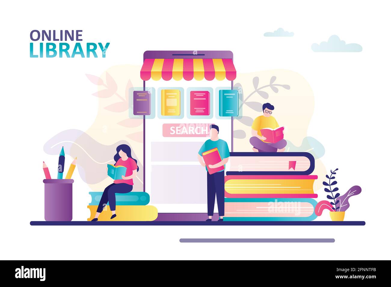 Online-Bibliothek auf dem Handy-Bildschirm. Cartoon männliche und weibliche Charaktere Bücher lesen. Konzept elektronische Bibliothek, Bildung und Buchhandlung. Banner i Stock Vektor