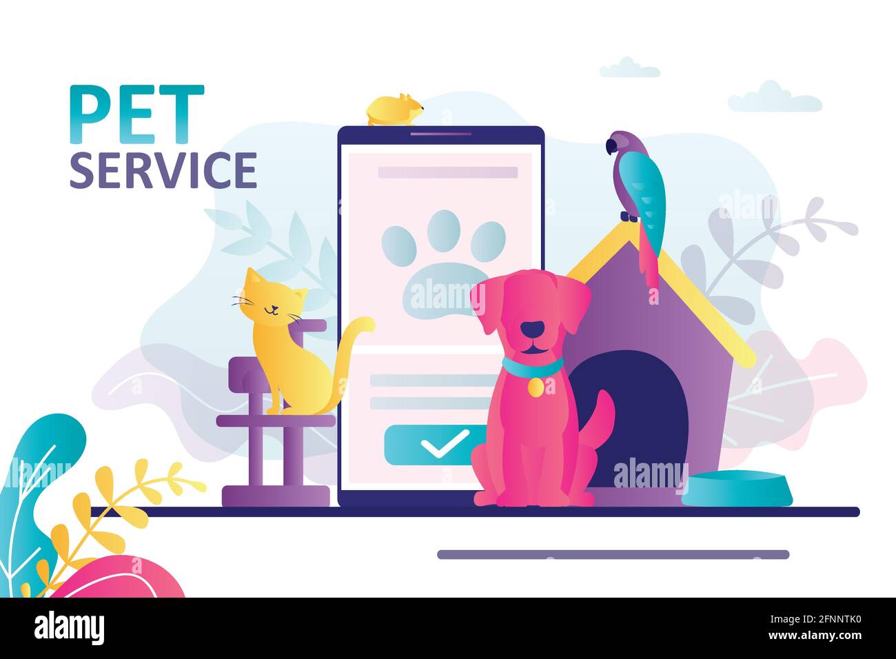 Tiere, die in der Nähe des Mobiltelefons sitzen. Konzept des PET-Service online und Tier-E-Store. Bringen Welpen zur Pflege, Veterinärdienst. Einkaufsartikel für Stock Vektor