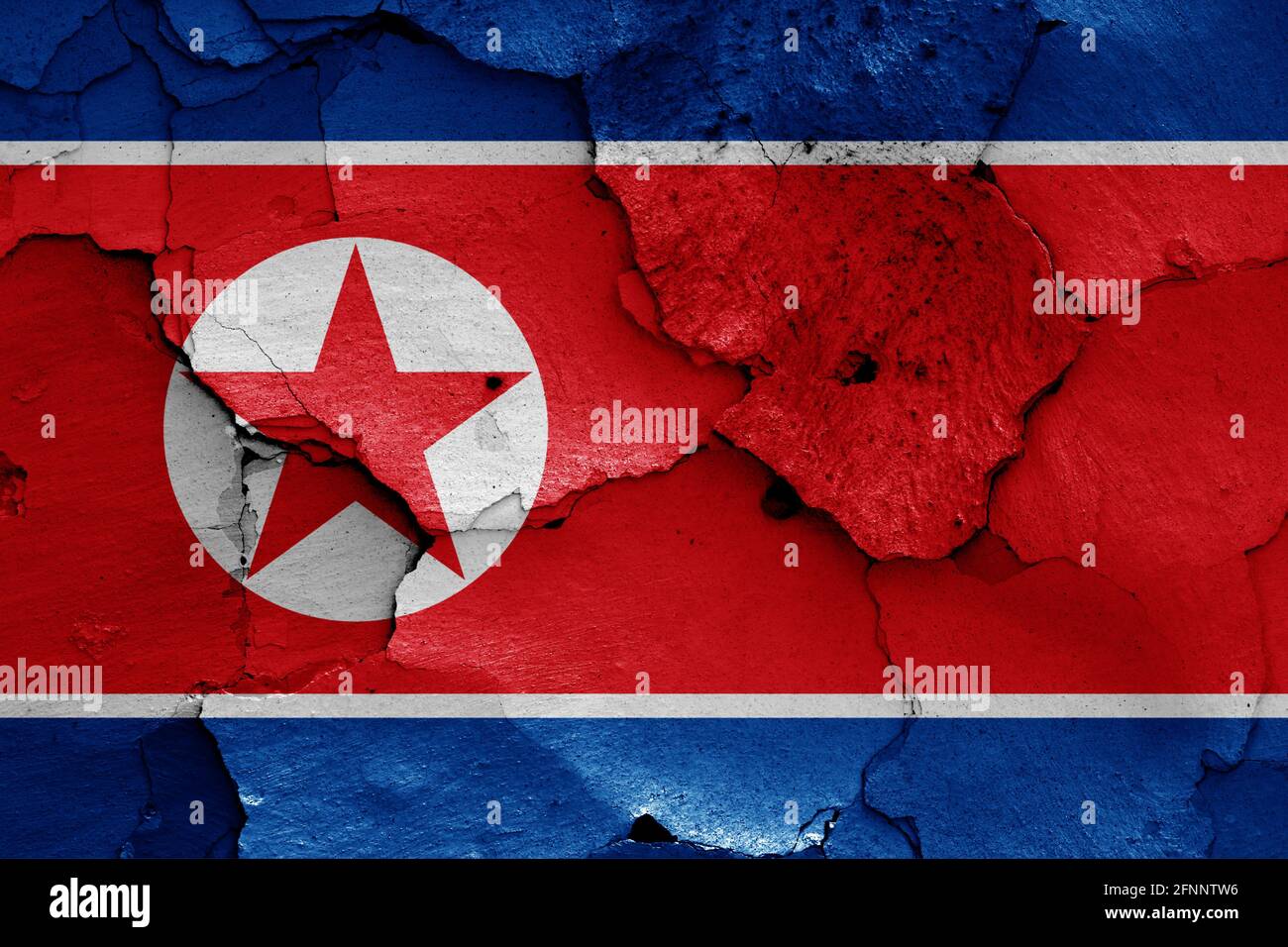 Flagge Nordkoreas auf rissige Wand gemalt Stockfoto