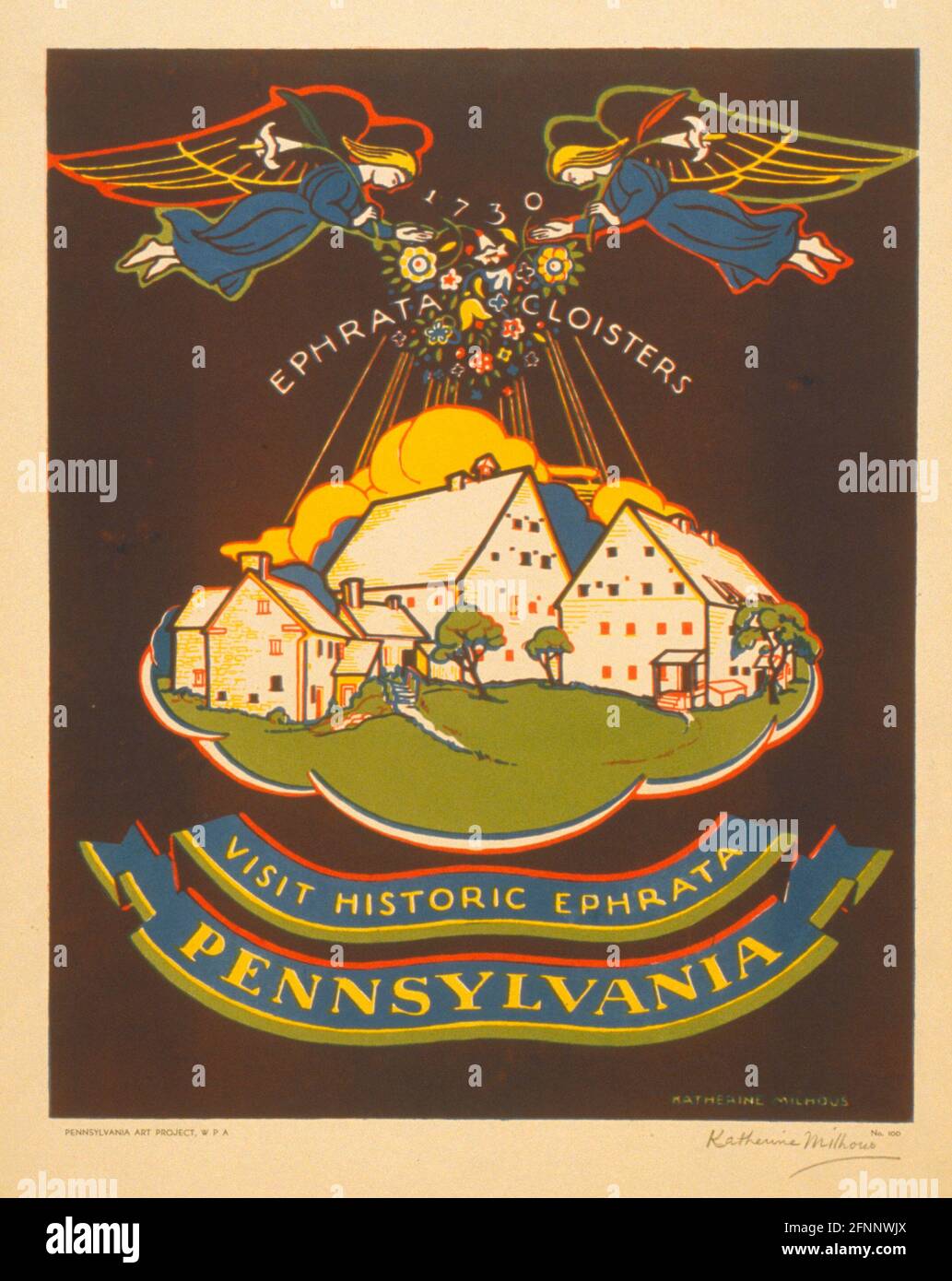 Besuchen Sie das historische Ephrata, Pennsylvania - Poster, auf dem das Ephrata-Kloster, Lancaster Co., Pennsylvania, gezeigt wird, auf dem zwei Engel Blumen auf die Gemeinde herablassen, um 1940 Stockfoto
