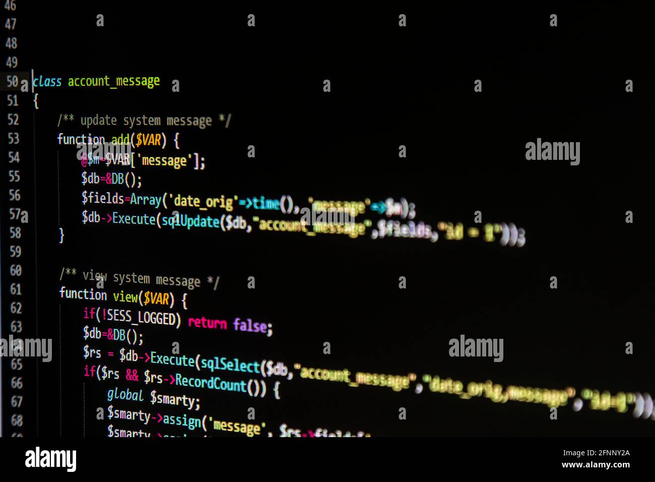 Programmieren des sql php-Quellcodes auf dem Bildschirm Stockfoto