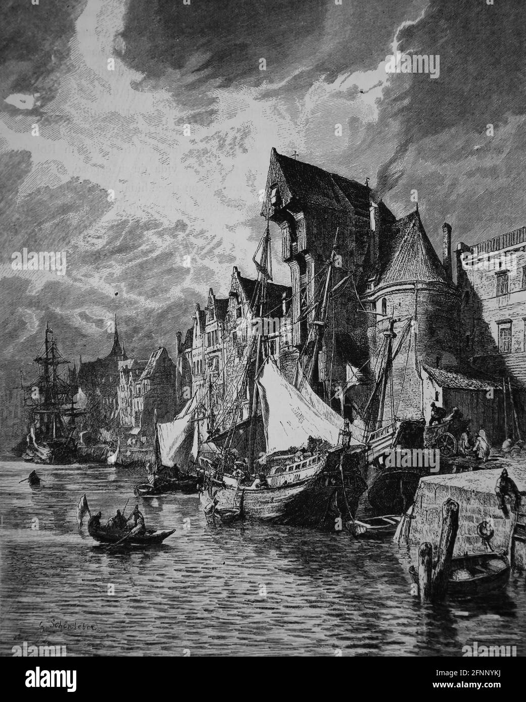 Hanse. Hafen einer deutschen Handelsstadt. Nordküste. Mittelalter. Germania, 1882. Juan Scherr. Stockfoto