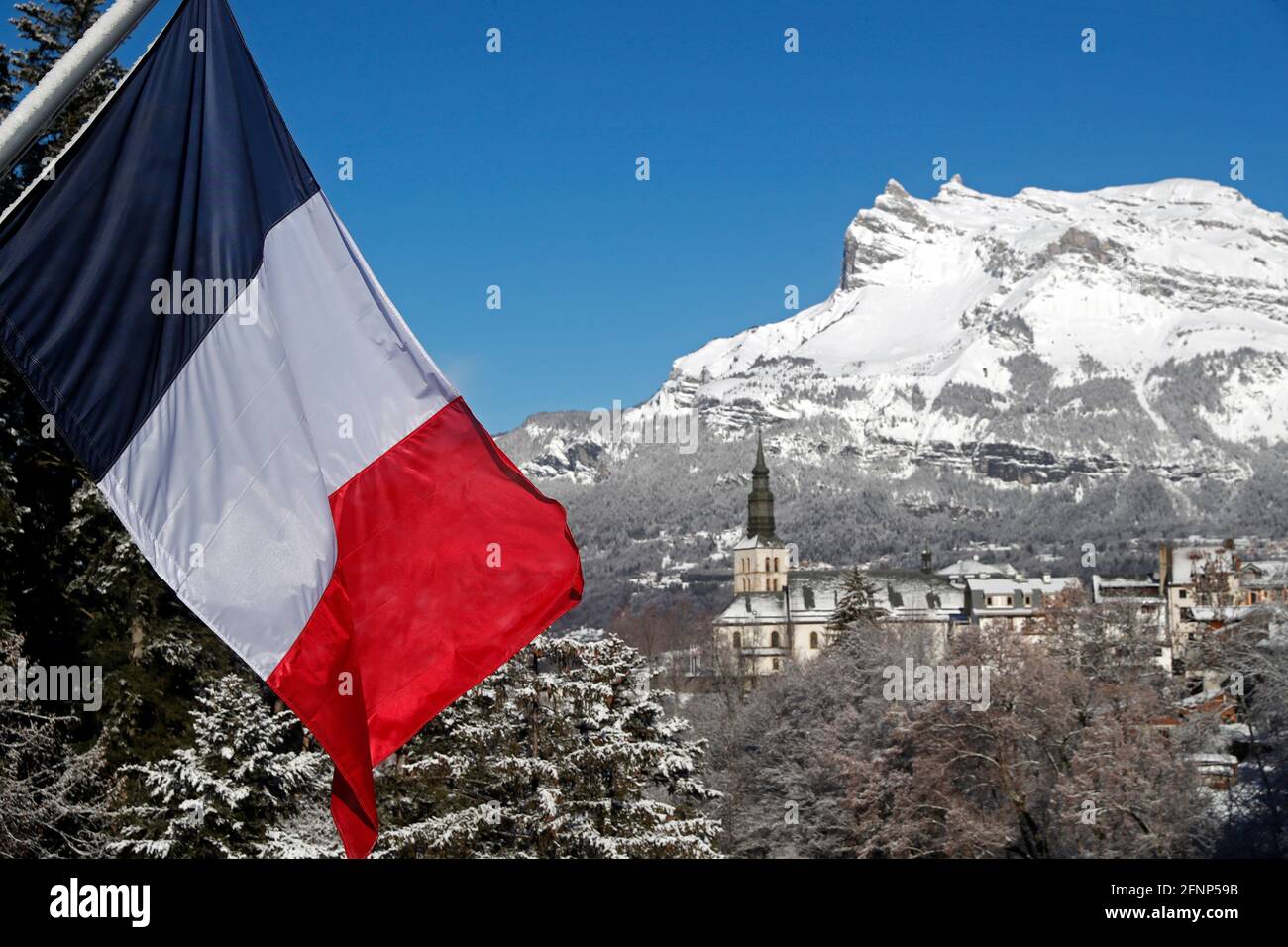 Französische Alpen im Winter. Saint Gervais Mont-Blanc Dorf. Berühmte Skistation. Saint-Gervais. Frankreich. Stockfoto