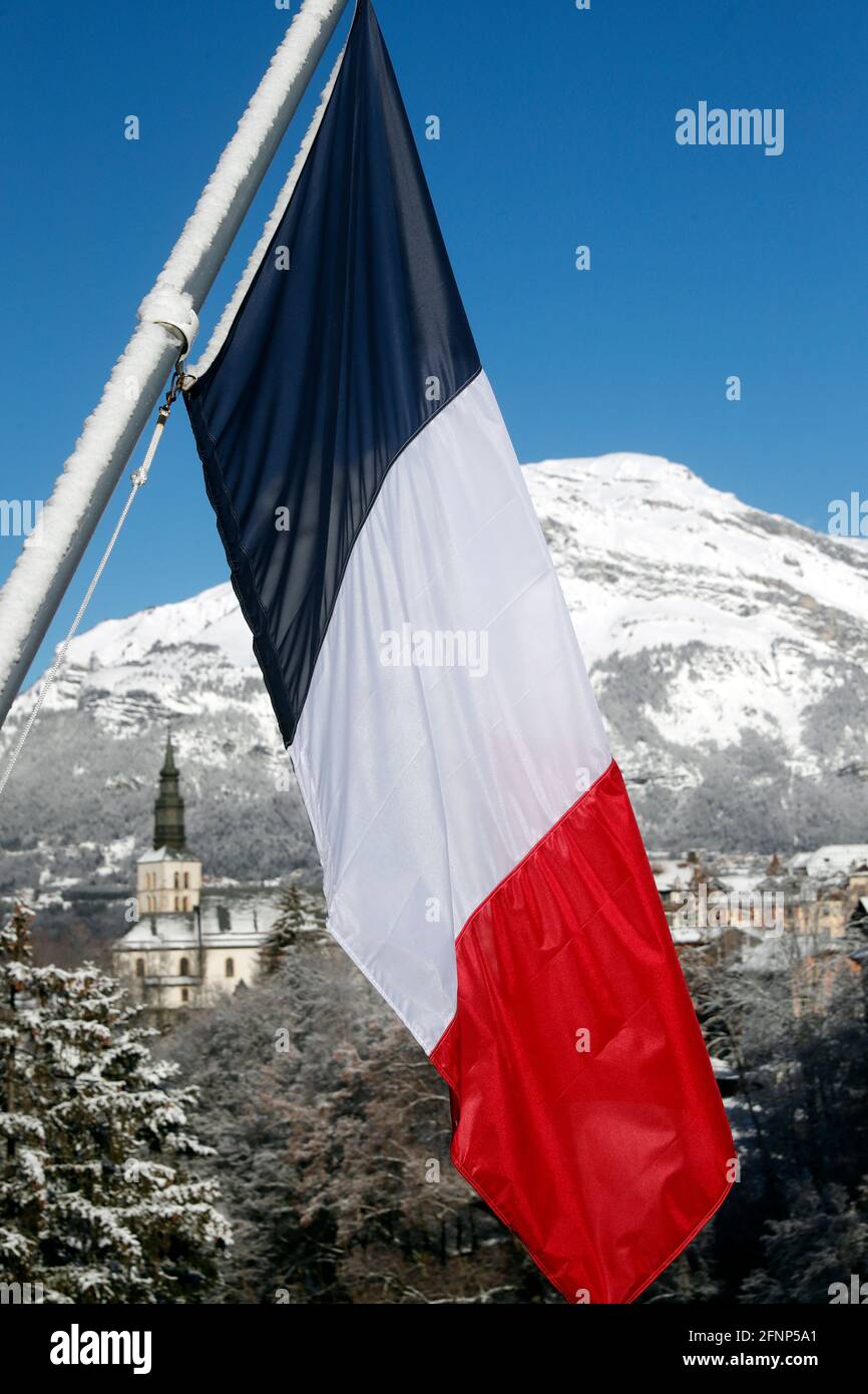 Französische Alpen im Winter. Saint Gervais Mont-Blanc Dorf. Berühmte Skistation. Saint-Gervais. Frankreich. Stockfoto