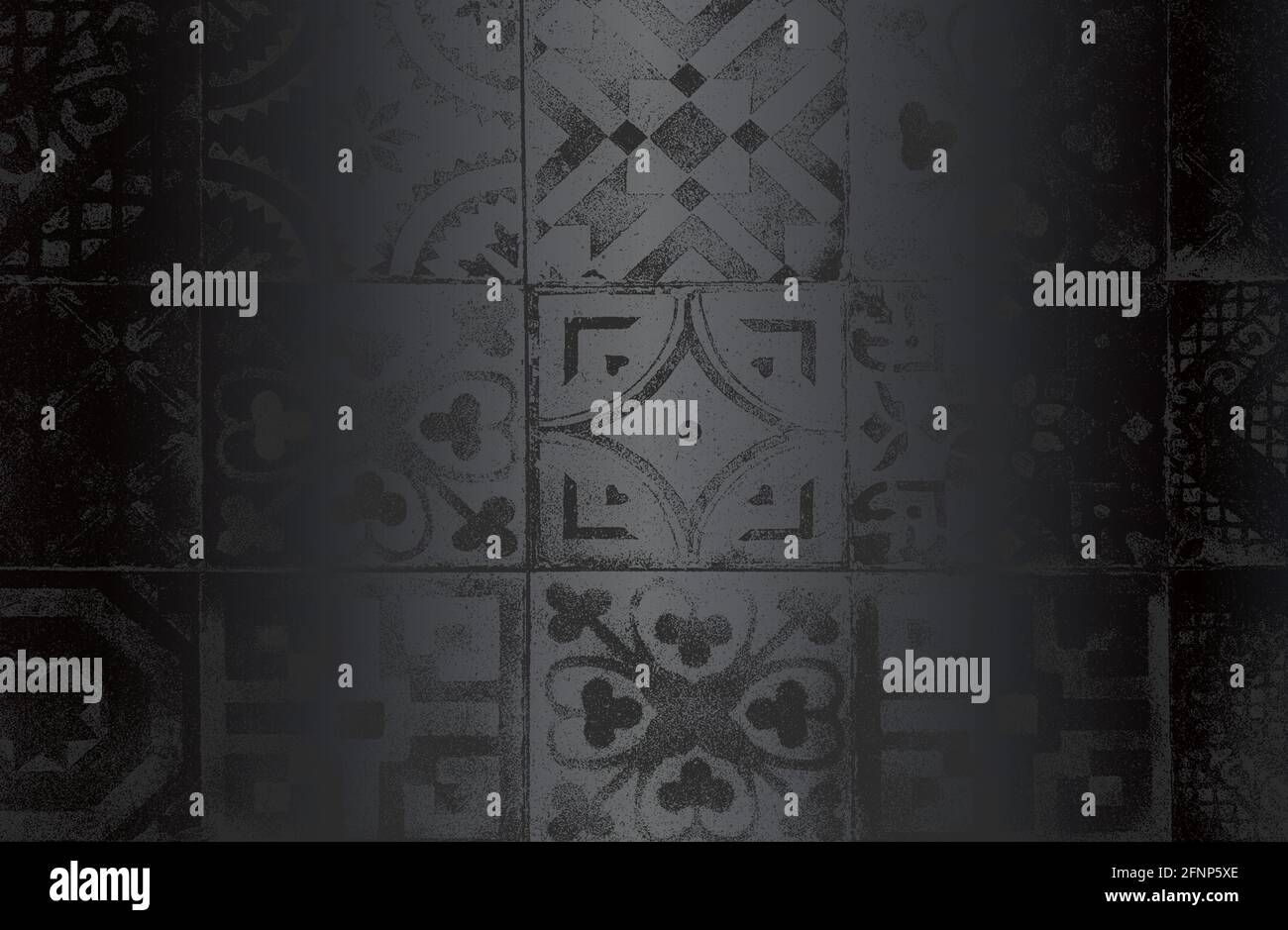 Luxus schwarz Metall Gradienten Hintergrund mit verzweifelten Mosaik, Keramikfliesen, Pflastersteine Textur mit Ornament. Vektorgrafik Stock Vektor