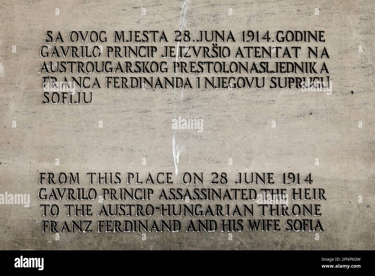 Schild an dem Ort, an dem die Tötung vom 1914. Juni in Sarajevo, Bosnien und Herzegowina stattfand Stockfoto