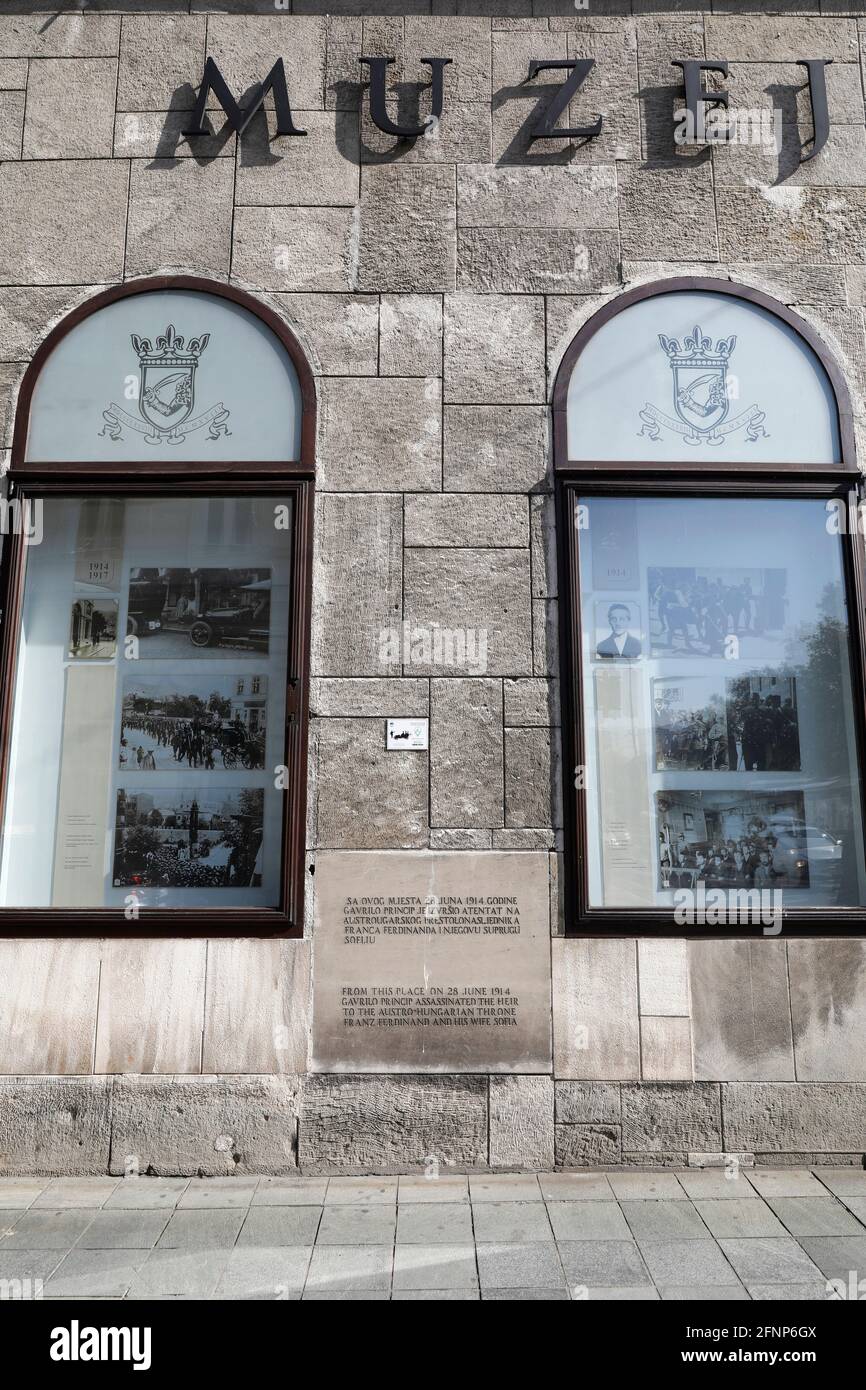 Ort, an dem die Tötung im Juni 1914 in Sarajevo, Bosnien und Herzegowina, stattfand Stockfoto