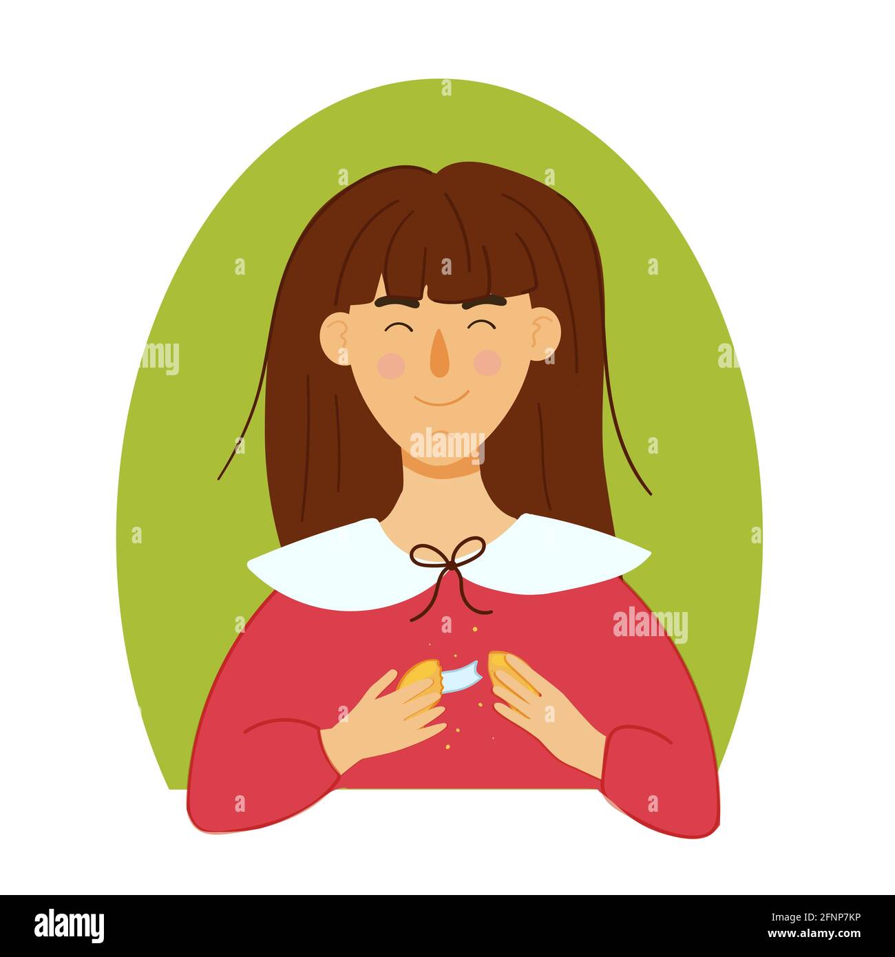 Frau knacken in der Hand Glückskeks mit Vorhersage Stock Vektor