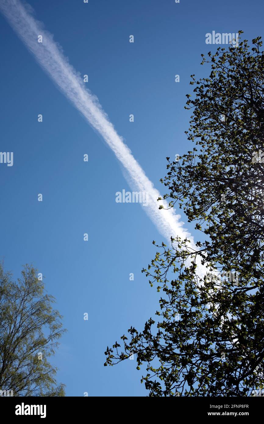 Ein Flugzeug, das einen Kondensstreifen oder Kondensstreifen hinterlässt Am Himmel Stockfoto