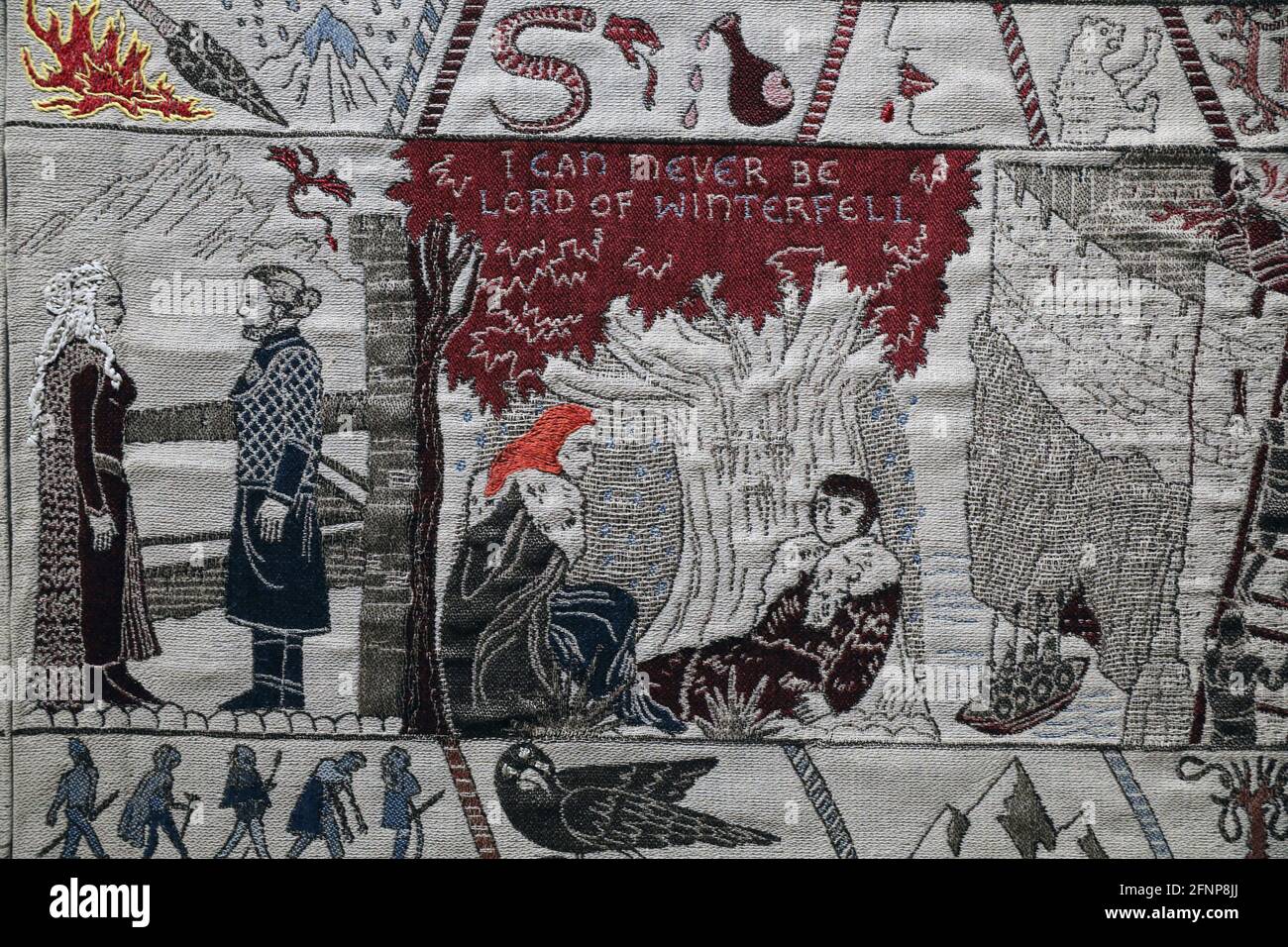 Belfast Museum (Nordirland). Detail des „Game of Thrones“-Tapisserie, inspiriert vom „Bayeux“-Tapisserie Stockfoto