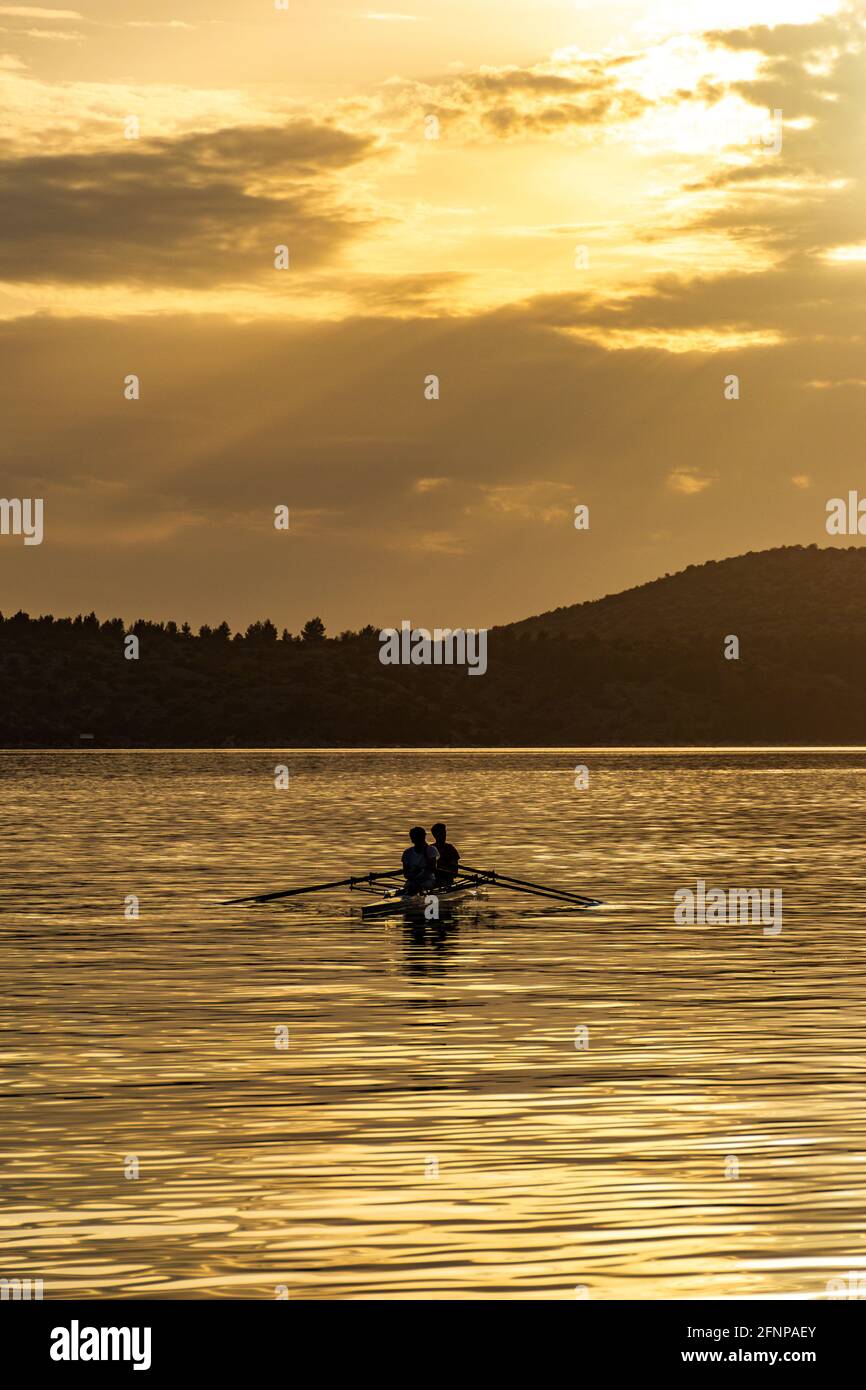Ruderer in der goldenen Stunde, Sibenik, Kroatien Stockfoto