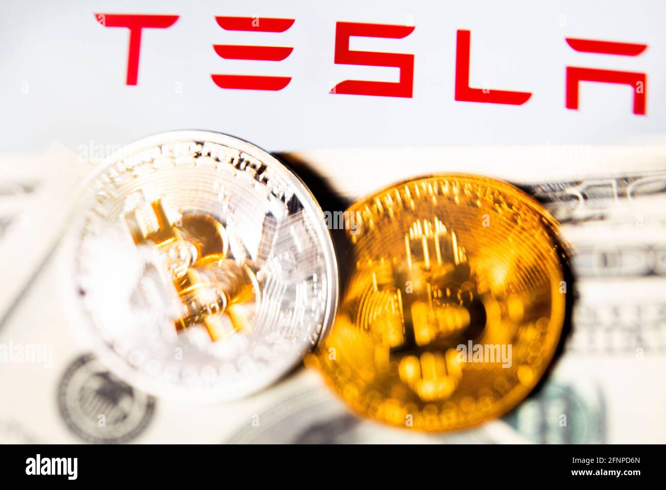 Goldmünzen einer Kryptowährung, US-Dollar und das Tesla-Firmenlogo auf weißem Hintergrund Stockfoto